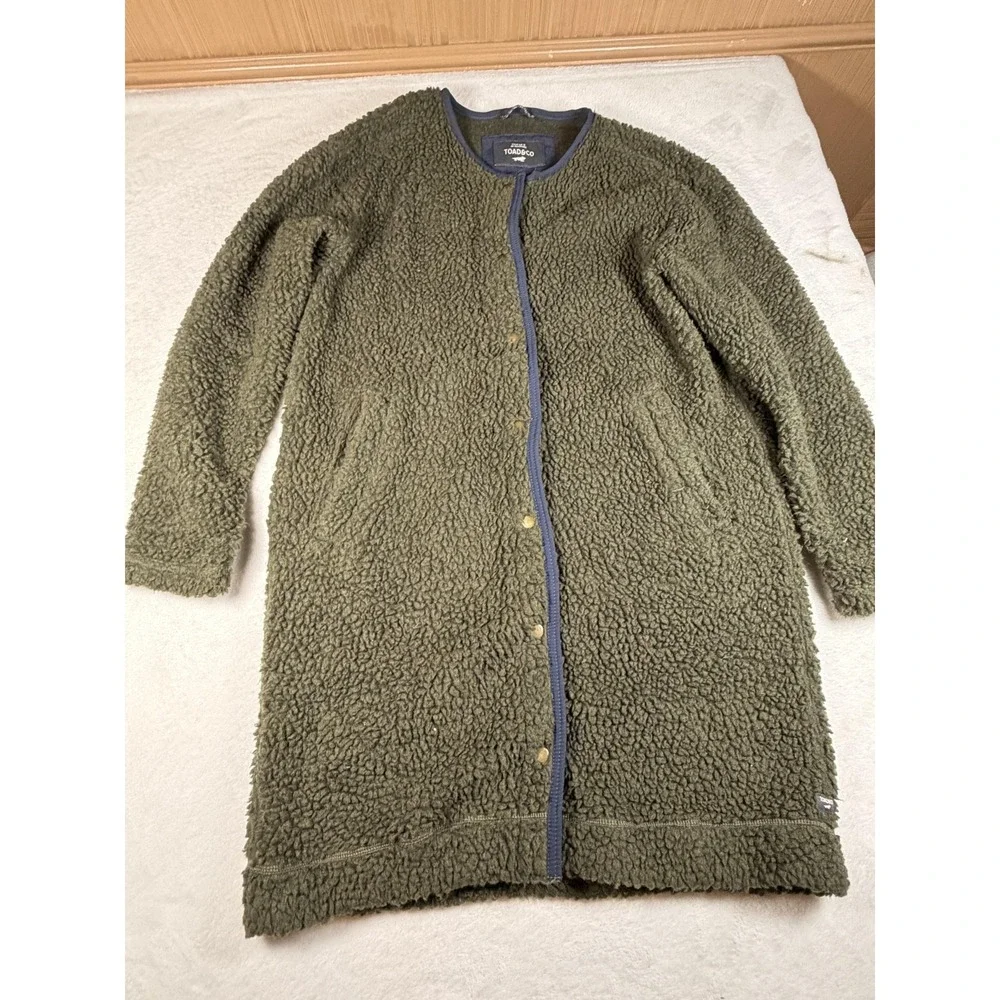 Toad&Co Coat Womens Medium‎ Green Wool Fleece Long Snap Front Sherpa Cozy